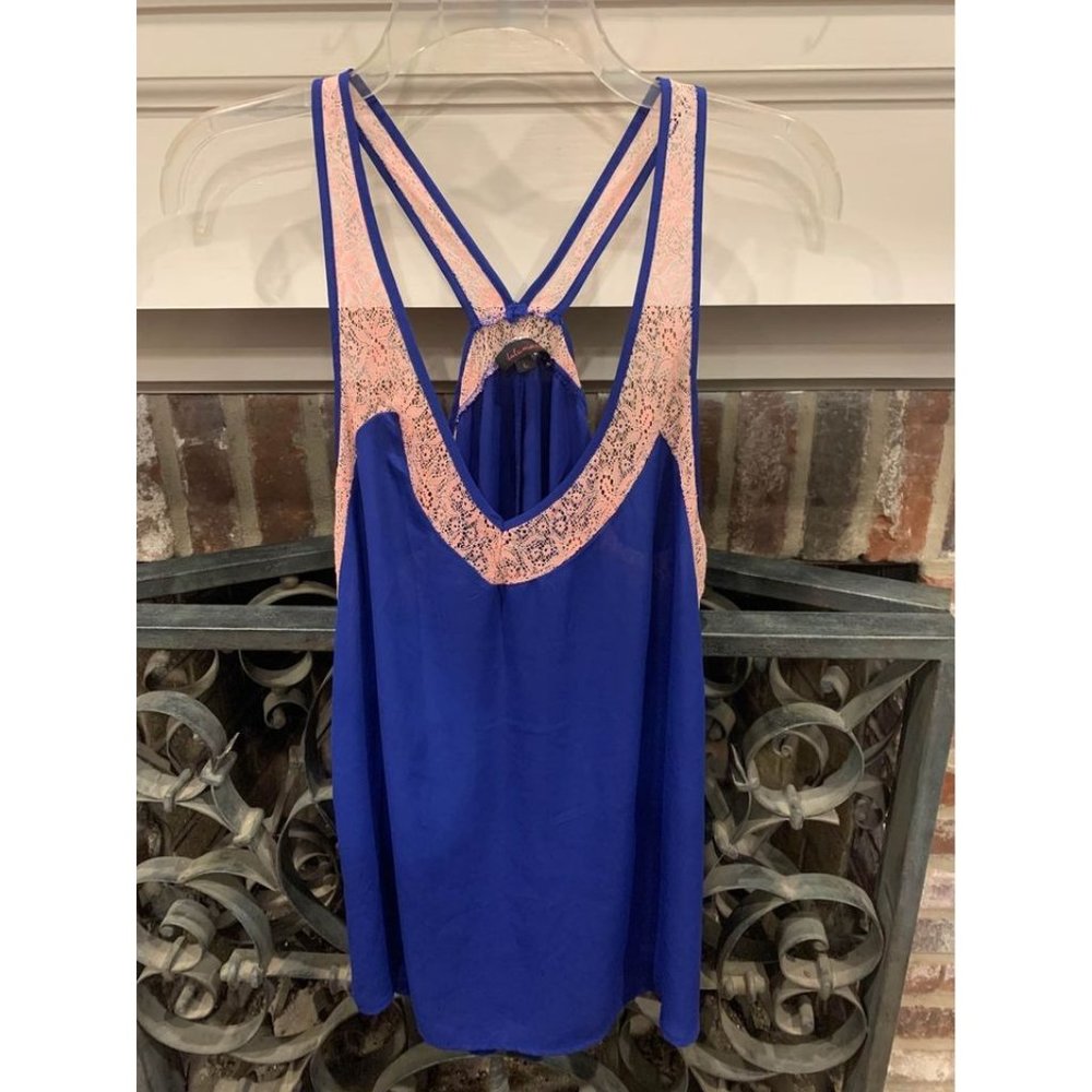 Lulumari tank top, sheer and lace, size large, blue and pink (bin B)